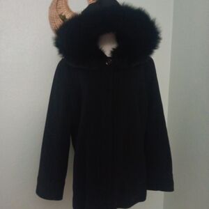 SACHI Black Fur-Trimmed Pea Coat